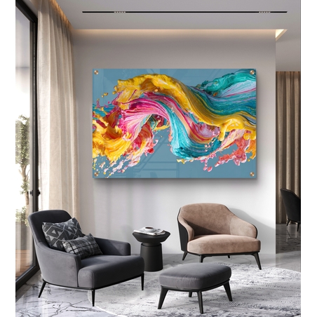 תמונת זכוכית אבסטרקטית עם גל צבעים דינמי בגווני טורקיז, צהוב וורוד בעיצוב מודרני