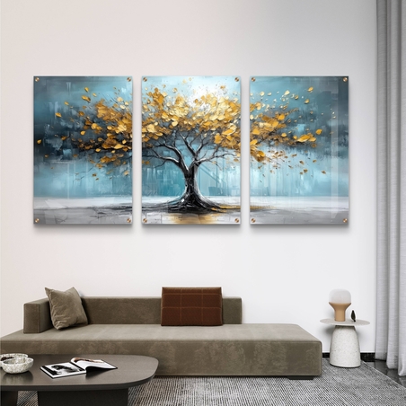 תמונת זכוכית שלישייה עם עץ זהוב על רקע כחול טורקיז בעיצוב מודרני