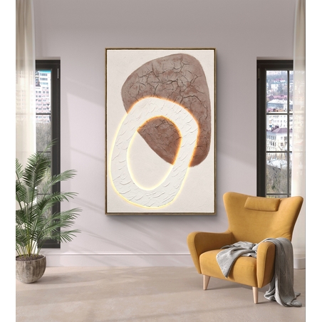 תמונת LED עבודת יד אבסטרקטית בגווני לבן וחום – מופעלת על סוללות עם שלט רחוק - מידה 83-123 ס