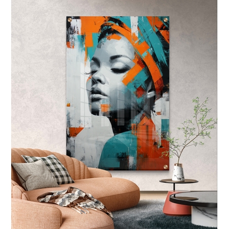 תמונת זכוכית פורטרט מודרני בגווני טורקיז וכתום עם הדפסה חלקה ללא תבליט – תכשיט לבית