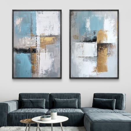 צמד תמונות קנבס מופשטות בגוונים של כחול, אפור וזהב, בעיצוב מודרני יוקרתי, המתאימות לעיצוב הבית או המשרד.