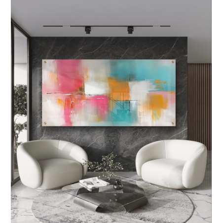 תמונת זכוכית רחבה בגוונים ורוד, כתום ותכלת, בעיצוב מופשט ומודרני להוספת חיות וצבעוניות לחלל.