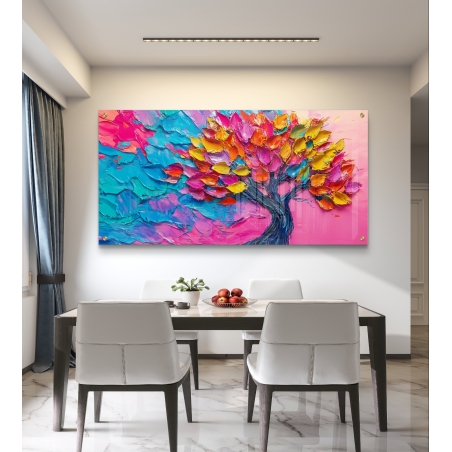 תמונת זכוכית רחבה המציגה עץ בצבעים עזים עם רקע בגווני ורוד וכחול, בעיצוב אמנותי עשיר במרקמים ותנועה.