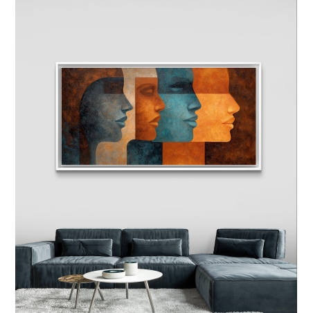 תמונת קנבס אמנותית עם ארבע דמויות נשיות בגווני כתום, טורקיז ונחושת בעיצוב מודרני מבית תכשיט לבית
