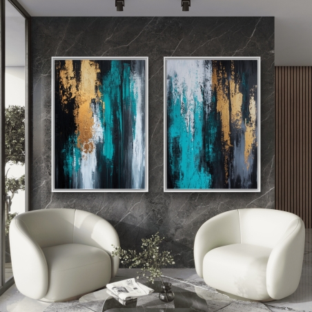 זוג תמונות קנבס אבסטרקטיות בגווני טורקיז, לבן וזהב – עיצוב יוקרתי ומודרני לסלון