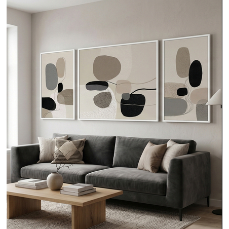 שלישיית קנבס אבסטרקטית בגווני שחור, אבן ובז׳ – דגם RR3313