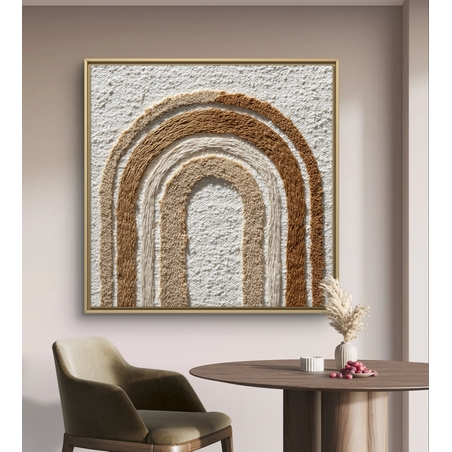 תמונת קנבס מרובעת עם קשתות אבסטרקטיות בגווני קרם, בז’ וחום, סגנון מינימליסטי, הדפסה חלקה ללא תבליט