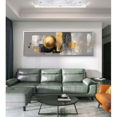 יצירת אמנות אבסטרקטית בגווני אפור וזהב בהדפסה חלקה.