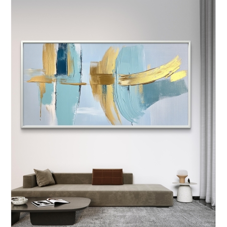 תמונת קנבס לרוחב בגווני תכלת, טורקיז וזהב עם מרקם מופשט מודרני, מתאימה לעיצוב סלון או חדר שינה בסגנון יוקרתי.