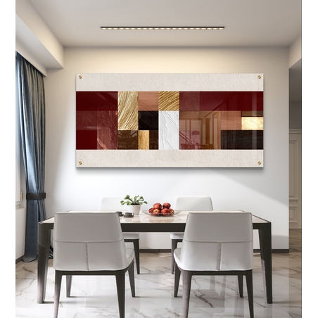 תמונת זכוכית לרוחב בעיצוב אבסטרקטי גאומטרי בגווני בורדו, חום וזהב עם הדפסה חלקה ומראה יוקרתי