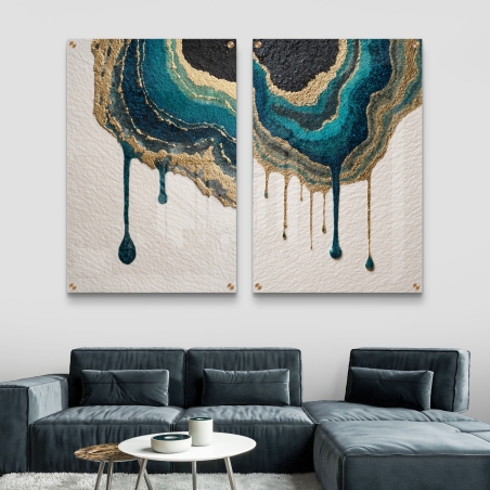 זוג תמונות זכוכית בעיצוב מופשט מודרני בגווני טורקיז, שחור וזהב עם טקסטורה זולגת – מתוך קולקציית תכשיט לבית