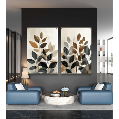 עיצוב קיר מודרני עם סט זכוכית זוג של עלים בגווני חום, אפור ובז’ בהדפסה חלקה.