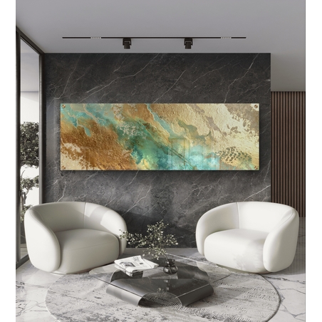 תמונת זכוכית פנורמית אבסטרקטית בגווני טורקיז וזהב עם מרקמים עשירים וזרימה טבעית בעיצוב יוקרתי לקיר הבית