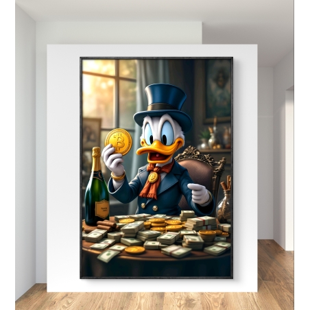 תמונת קנבס צבעונית המציגה דמות מצוירת עם כובע וחליפה מחזיקה מטבע ביטקוין, מוקפת בערימות של שטרות ומטבעות זהב.