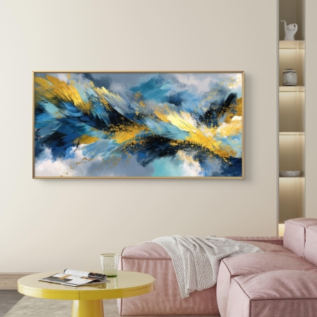 תמונת קנבס אבסטרקט לרוחב בגווני כחול, טורקיז וזהב – גלי זהב וכחול
