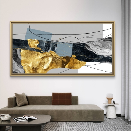 תמונת קנבס מודרנית עם נגיעות זהב, שיש שחור, קווים גרפיים ועיצוב מופשט בגווני אפור