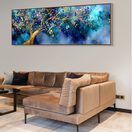 תמונת קנבס של עץ מוזהב על רקע כחול עמוק בסגנון חלומי