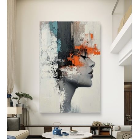 תמונת קנבס מופשטת של פרופיל אישה בצבעים כתום, אפור ותכלת על רקע בהיר מתוך קולקציית תכשיט לבית.