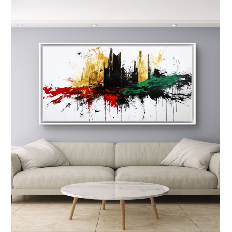 תמונת קנבס לרוחב עם עיצוב אבסטרקטי של קו רקיע בצבעים עזים – שחור, זהב, ירוק ואדום, מודפסת על קנבס חלק באיכות גבוהה, מתאימה לקיר מרכזי.