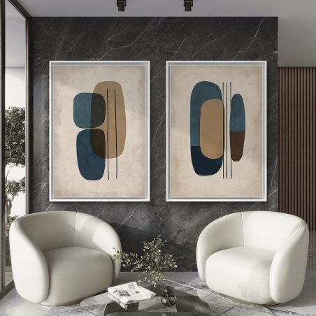 זוג תמונות קנבס בעיצוב אבסטרקטי עם צורות גיאומטריות בגווני בז', כחול וחום - יצירה מודרנית מבית 