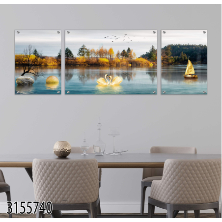 תמונה מעוצבת יוקרתית לפינת אוכל או לסלון בתלת מימד מחולקת ל3 חלקים לסלון או למשרד מודפסת על זכוכית דגם 3155740