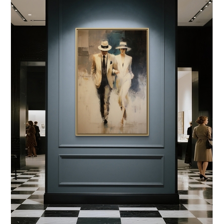 תמונת קנבס אנכית של זוג אלגנטי הולך יחד בגווני שמנת כחול ואפור