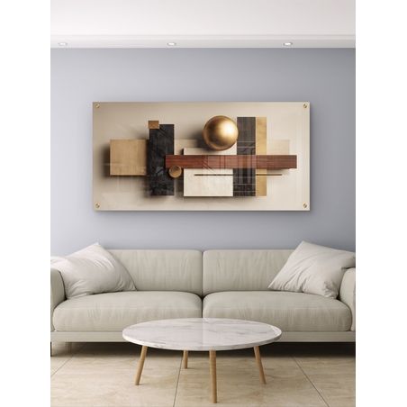 תמונת זכוכית לרוחב בעיצוב גאומטרי מודרני עם כדור זהב, עץ ושיש מתוך קולקציית תכשיט לבית.