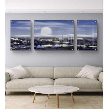 תמונה מחולקת על זכוכית של ים סוער לאור ירח עם הדפסת UV איכותית – סגנון מודרני מסדרת תכשיט לבית