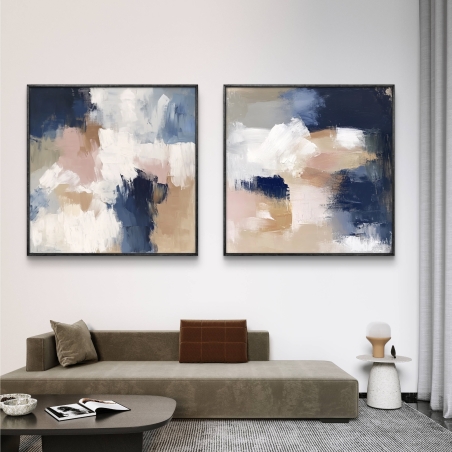זוג תמונות קנבס מרובעות בסגנון אבסטרקטי בגוונים כחול, בז', לבן וורדרד לעיצוב קירות הבית