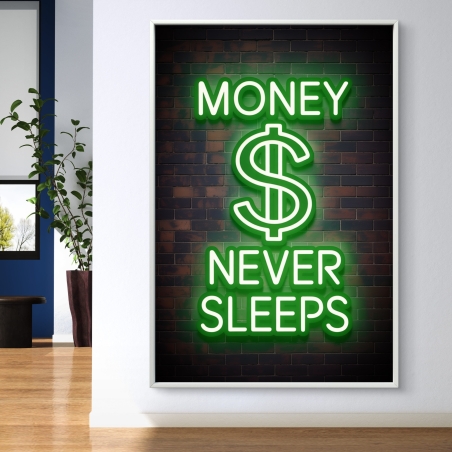 תמונת קנבס לאורך בעיצוב ניאון ירוק עם הכיתוב MONEY NEVER SLEEPS על רקע קיר לבנים
