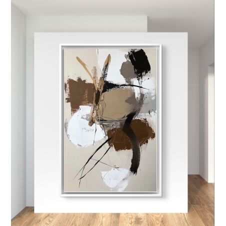 תמונת קנבס אבסטרקטית עם משיכות מכחול בגווני חום, בז’, שחור ולבן בעיצוב אומנותי מודרני