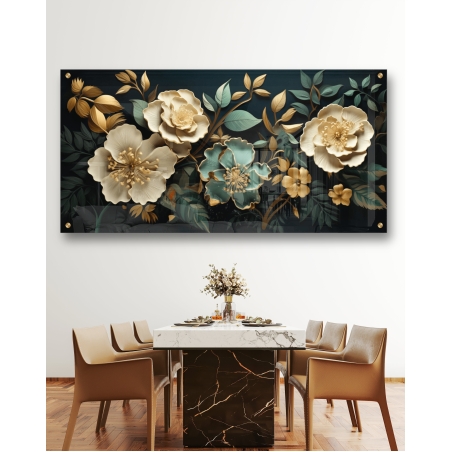 תמונת זכוכית פרחים מוזהבים לפינת אוכל או לסלון דגם 2592316