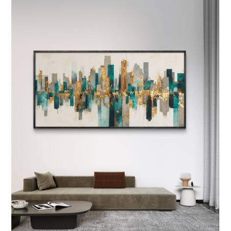 תמונת קנבס לרוחב – נוף עירוני מופשט בגווני טורקיז, אפור וזהב עם השתקפות, בהדפסה חלקה ואיכותית מבית תכשיט לבית.