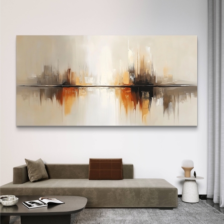 תמונת קנבס מופשטת לרוחב בגווני זהב, כתום ושחור, המציגה השתקפות עירונית בסגנון מודרני.
