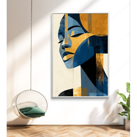 תמונת קנבס מודרנית של דיוקן נשי בגווני כחול וזהב בסגנון גאומטרי – תכשיט לבית