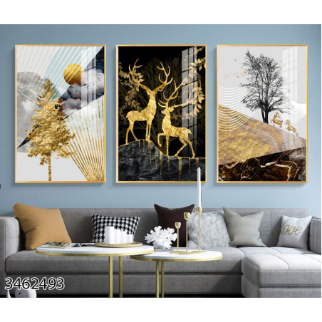 שלשה על קנבס  זהב שחור מתוח וממוסגר לחדר השינה או לסלון דגם 3462493