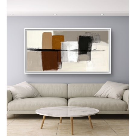 תמונת קנבס פנורמית בגווני חום, לבן ושחור בעיצוב מופשט, מתאימה לעיצוב חללים מודרניים ומודגשים בקו נקי ואלגנטי.