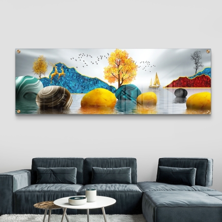 תמונת זכוכית צבעונית עם עצים ססגוניים, הרים כחולים ואדומים, כדורים זהובים, איילים וסירה, בהדפסה חלקה פנורמית מרהיבה.