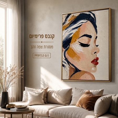 קנבס פרימיום Art Touch – פורטרט נשי רומנטי שיער כחול-זהב ושפתיים אדומות