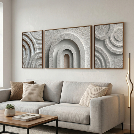 שלישיית קנבס קשתות טקסטורליות בגווני אבן ושמנת – דגם RR3314