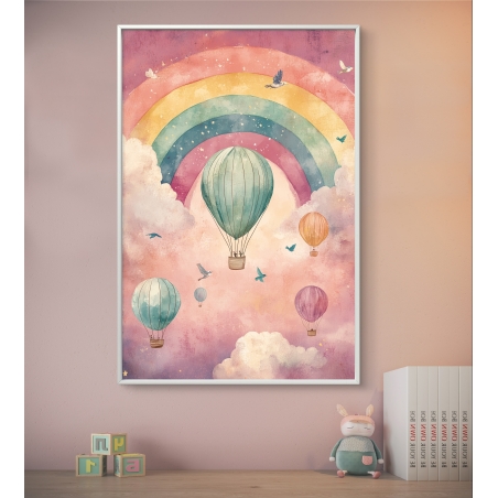 תמונת קנבס לחדרי ילדים עם עיצוב של כדורים פורחים בגווני פסטל עדינים וקשת קסומה מעל שמיים ורודים ועננים רכים.