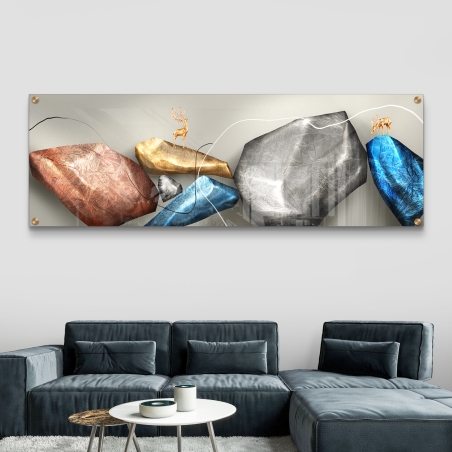 תמונת זכוכית פנורמית עם אבנים בגווני זהב, כסף, כחול ונחושת ואיילים מוזהבים, על רקע נקי, בעיצוב גיאומטרי מודרני ובגימור חלק ומבריק.