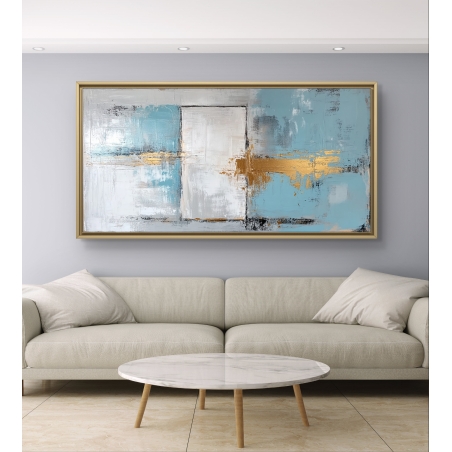 תמונת קנבס אבסטרקטית לרוחב בגווני תכלת, לבן וזהב, עם הדפסה חלקה על קנבס איכותי
