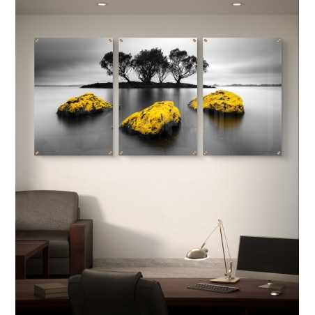 שלישיית תמונות זכוכית המציגות נוף טבע בשחור-לבן עם אבנים צהובות, המשלבות עיצוב ייחודי למראה אלגנטי ומודרני.