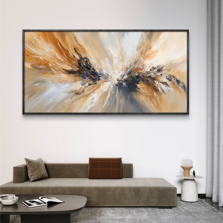 תמונת קנבס לרוחב בגווני זהב, שחור ולבן בסגנון אבסטרקט, עם תנועה סיבובית דינמית, מודפסת על קנבס חלק ואיכותי.
