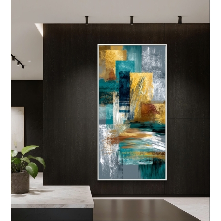 תמונת קנבס לאורך בעיצוב אבסטרקט מודרני בצבעי טורקיז, זהב, לבן ואפור – יצירה יוקרתית מבית תכשיט לבית
