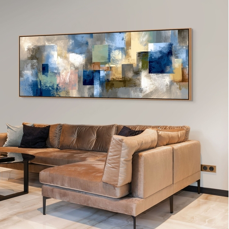 תמונת קנבס גיאומטרית פנורמית בגווני כחול, תכלת, שמנת וזהב