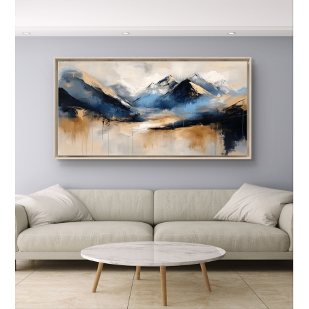 תמונת קנבס רחבה עם נוף הרים אבסטרקטי בגווני כחול, לבן וחול, בסגנון עכשווי המתאים לעיצוב מודרני של הבית.