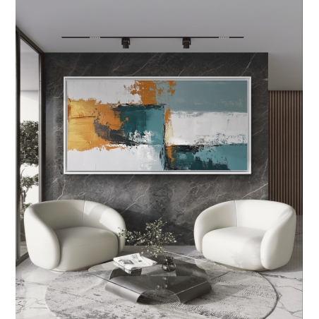 תמונת קנבס רחבה המציגה עיצוב מופשט עם גווני טורקיז, זהב ולבן, המוסיפים נגיעה של יוקרה ואומנות לכל חלל.