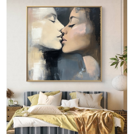 תמונת קנבס מרובעת של שתי דמויות נשיות מתקרבות לנשיקה ברכות, בצבעים רכים ועיצוב מודרני.
